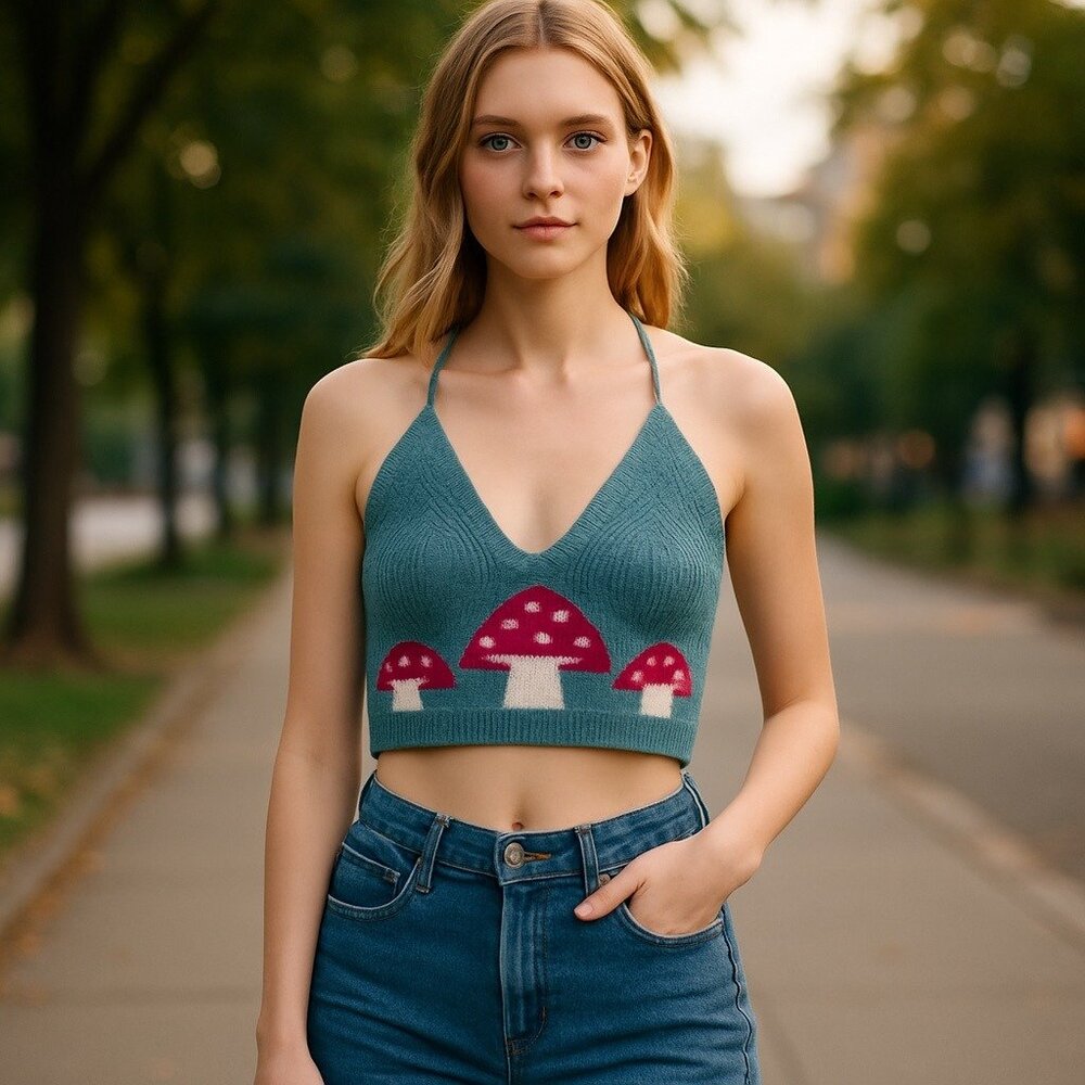 Mushroom Knit Halter Crop Top Women OS Green Enchanted Woodland Vibe Goblincore